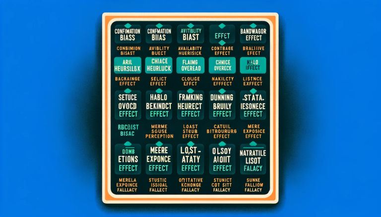 DALL·E 2023-12-30 18.42.46 - A diagram featuring 20 specific cognitive biases, each represented with a label in Avenir font for clarity and legibility. The cognitive biases includ