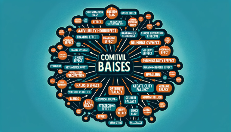 DALL·E 2023-12-30 18.42.51 - A word web diagram featuring the 20 specific cognitive biases. The biases - Confirmation Bias, Anchoring Effect, Availability Heuristic, Framing Effec